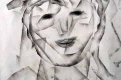 F10, Frau kubistisch, 2009,  Kohle auf Papier, 50x40 m.R., © Lore Weiler