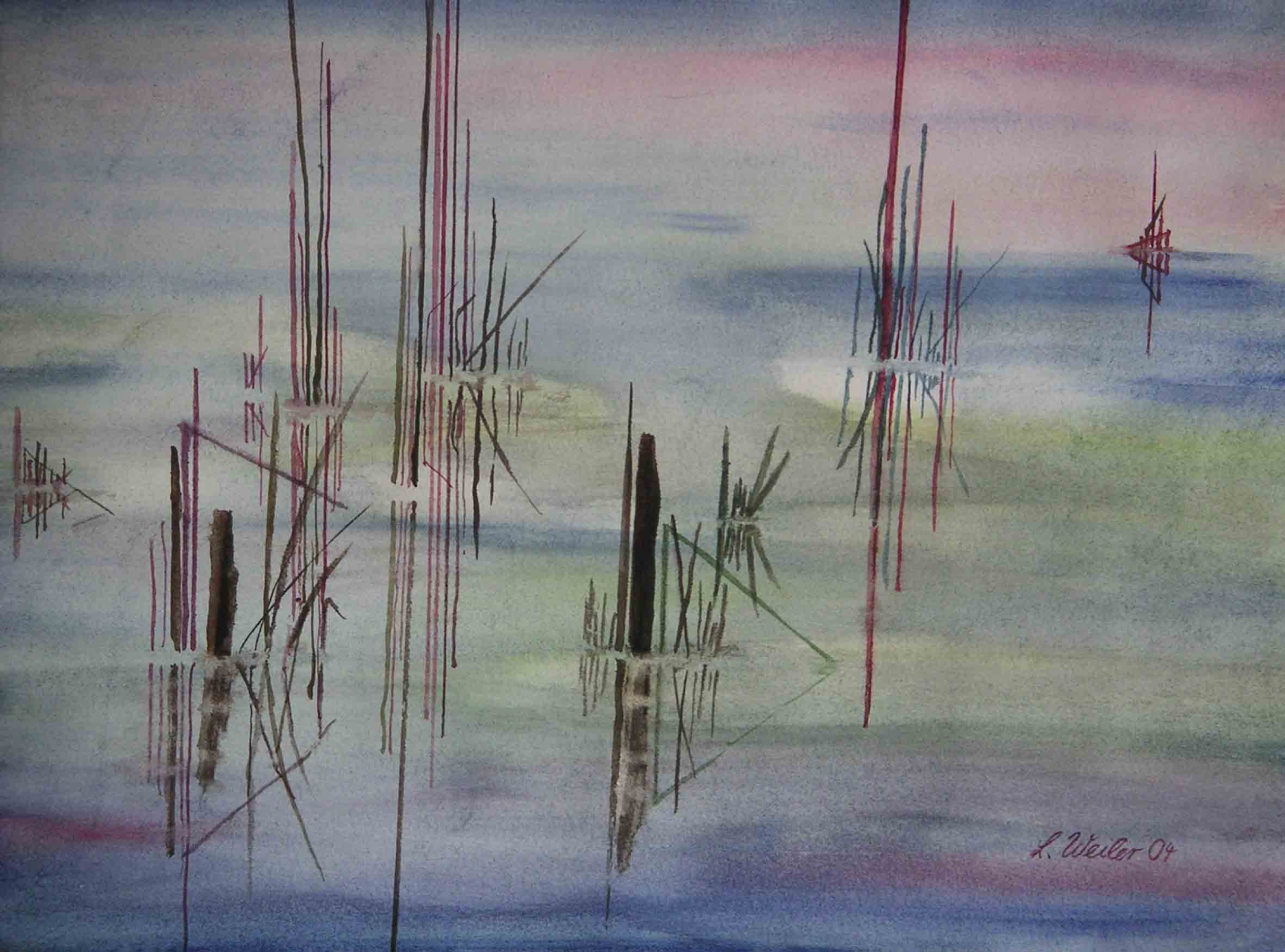 L11, Schilf im See abstrahiert, 2004, Aquarell, 60x70 m.R.,  © Lore Weiler